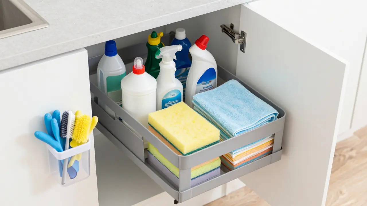 Výsuvné cargo koše a organizéry uvnitř úklidové skříně.