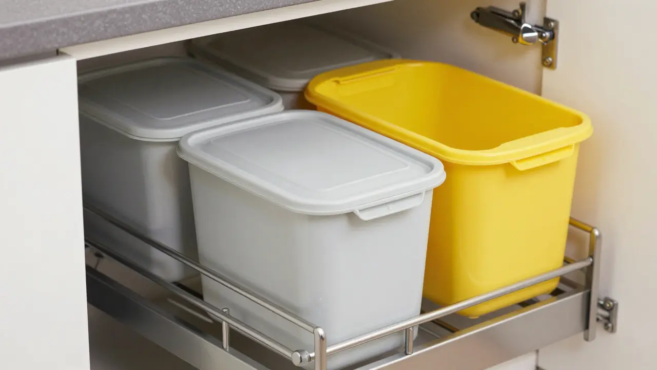 Výsuvný sorter v kuchyňské skříňce s několika barevnými nádobami na separaci.