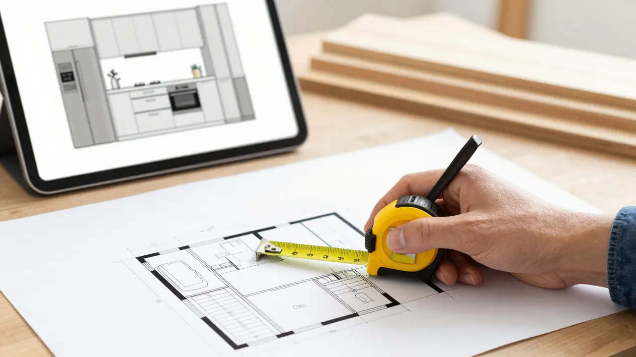 Designér měří prostor s plány a vizualizací pro zakázkovou výrobu.
