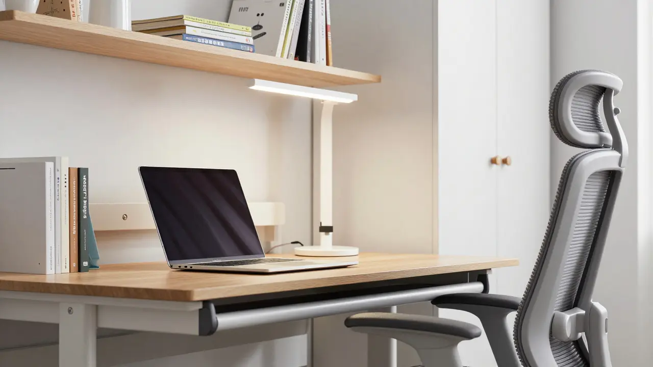 Detail ergonomie: nastavitelný stůl, židle a úložné police v pokoji