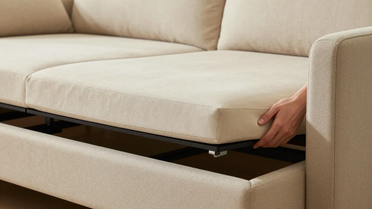 Detail mechanismu vysouvací matrace u moderní pohovky při převádění do postele.