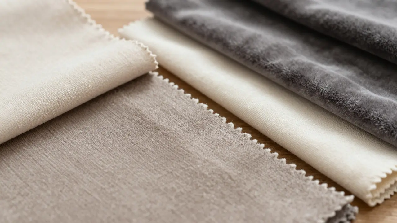 Detailní záběr na různé textury neutrálních látek jako lněný a kašmírový materiál.