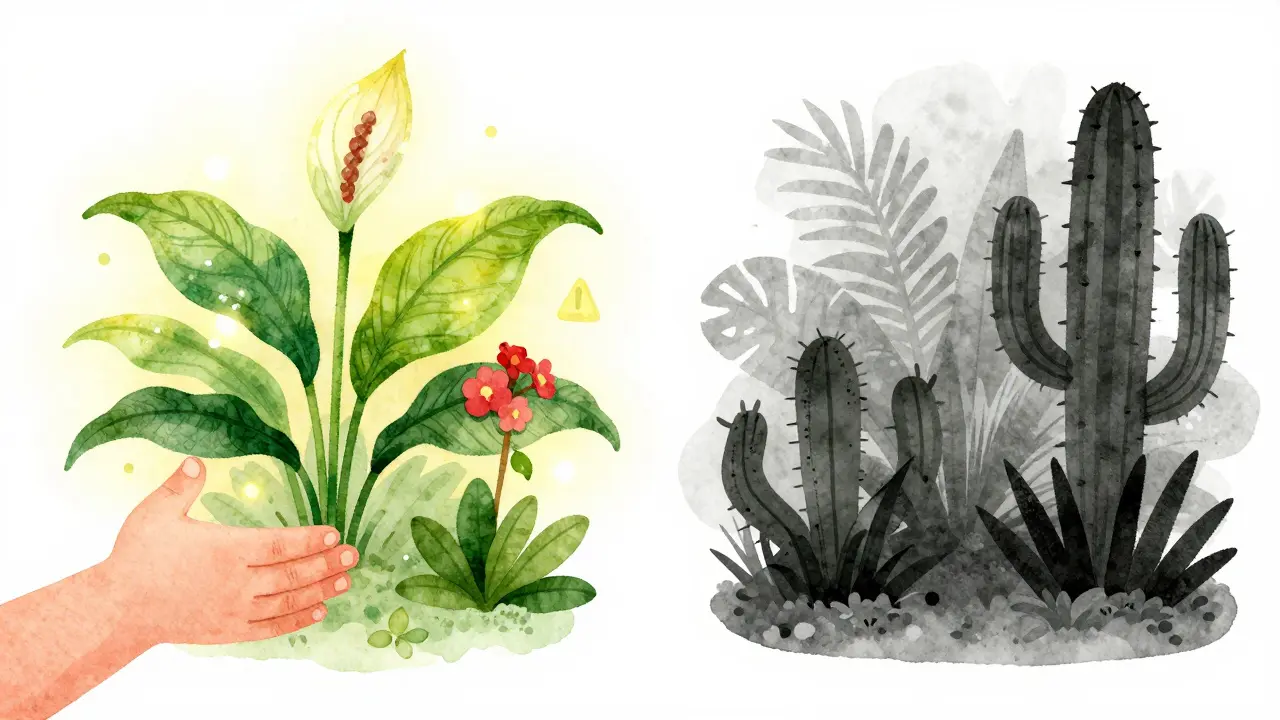 Ilustrace porovnávající bezpečné a nebezpečné rostliny pro děti v jemném stylu.