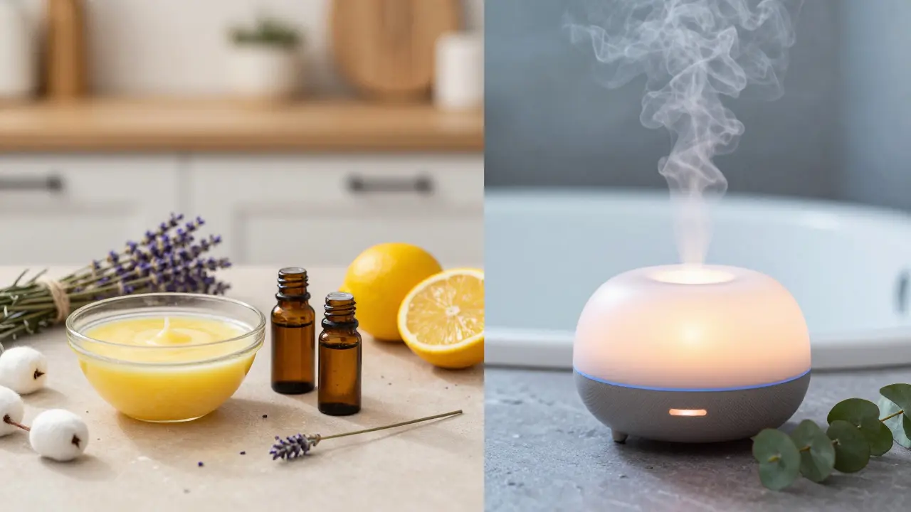 Ingredience pro výrobu svíček vedle elektrického difuzéru ve wellness prostředí
