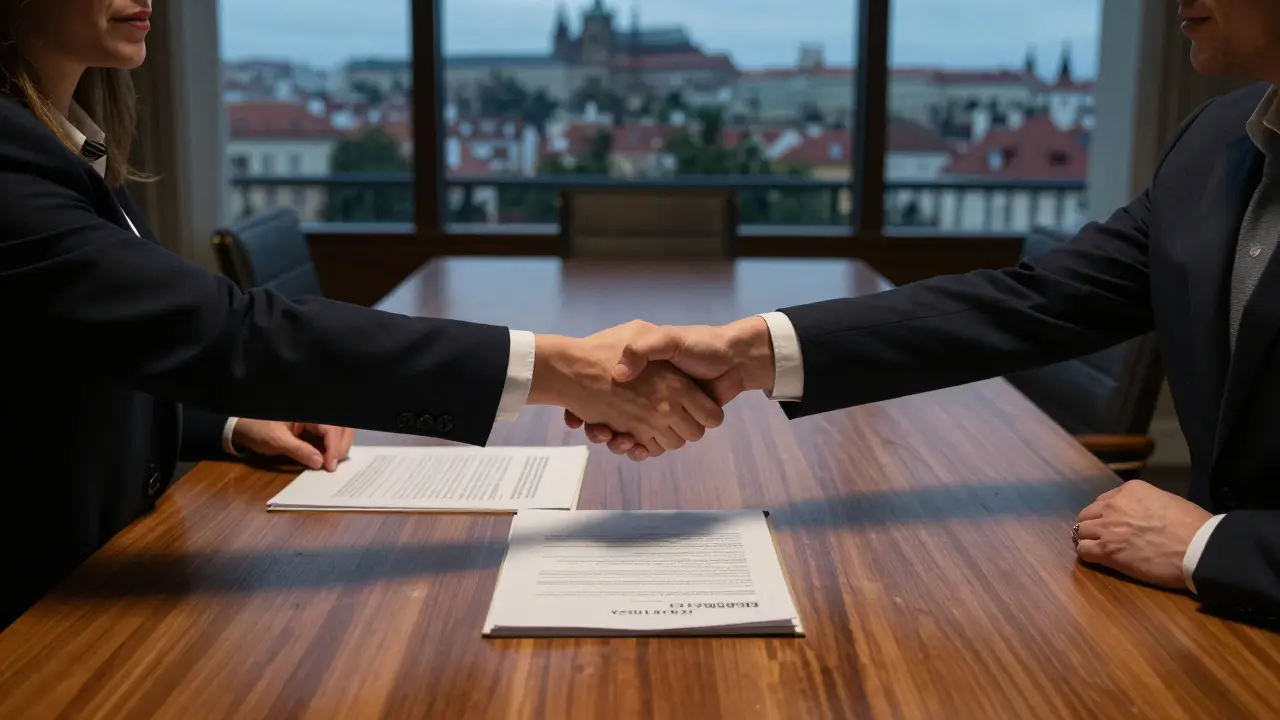 Podpis kupní smlouvy u notáře s důrazem na dokumenty.