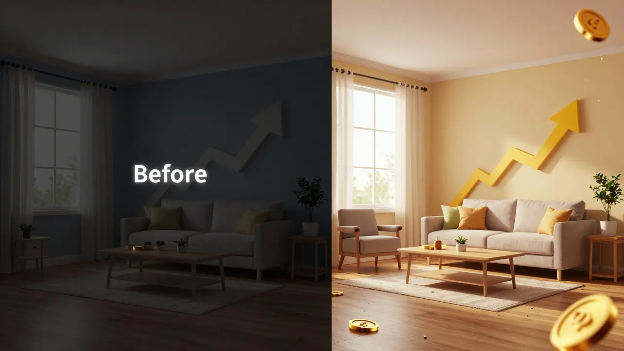 Porovnání prázdného bytu před a po home stagingu s vizualizací zisku