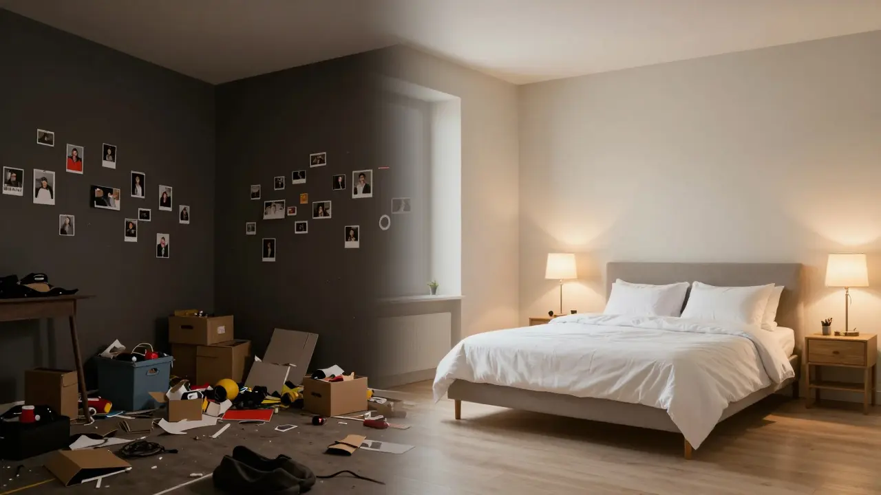 Srovnání neupravené a profesionálně upravené ložnice ukazující efekt home stagingu.