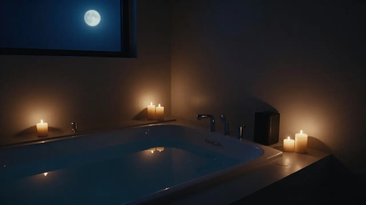 Tmavá koupelna se svícemi a odrazem světla na vodě pro relaxaci