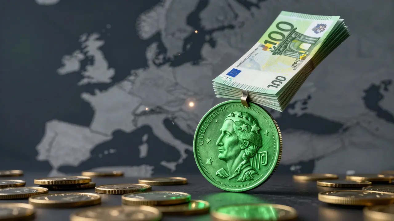 Cizí mince jako páka zvedající eurobankovky nad mapou Evropy