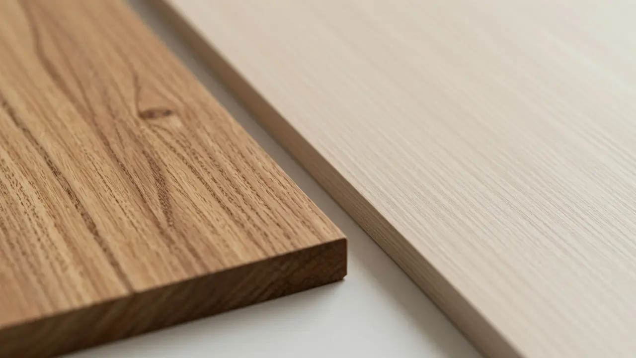 Detailní srovnání textury masivního dřeva a moderního laminátu na stole