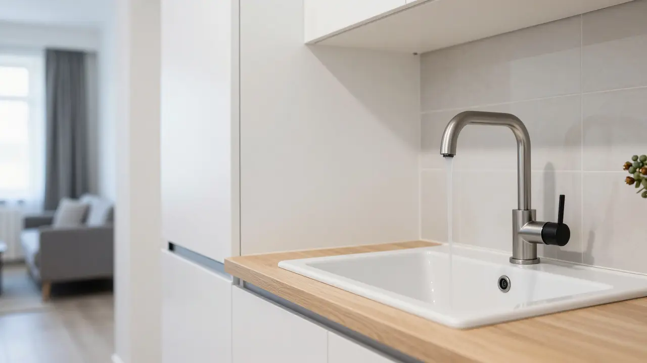 Detailní záběr na novou kuchyňskou linku a koupelnu s bílými skřínkami a moderními dlaždicemi.