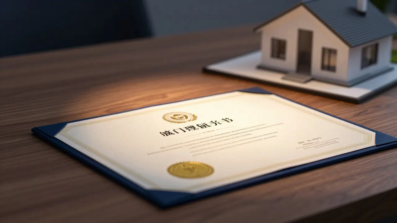 Formální certifikát kvality na stole vedle architektonického modelu