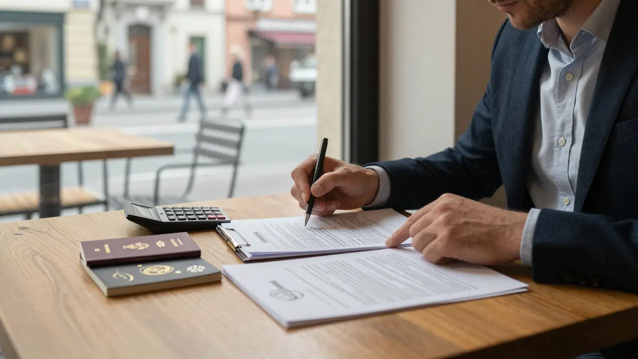 Investor studující dokumenty u stolu v evropském kafe