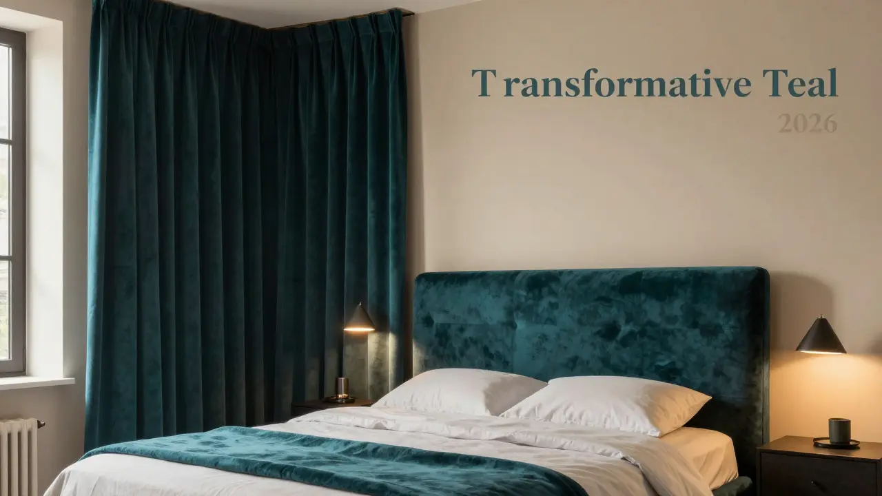 Moderní ložnice s akcentem v barvě Transformative Teal