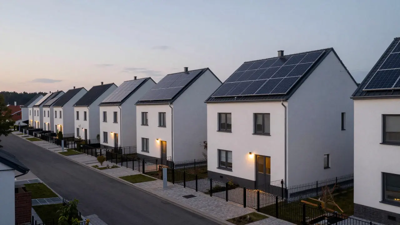 Moderní řadové domky s fotovoltaickými panely v klidné předměstské zóně