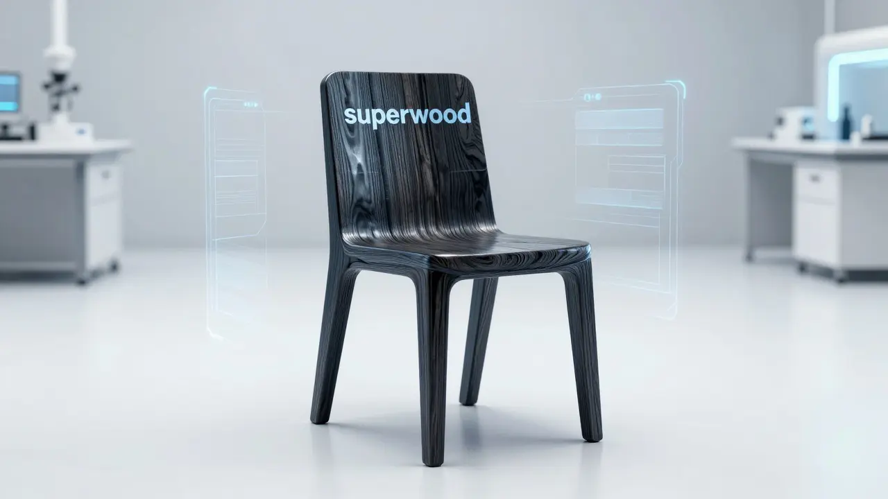 Prototyp futuristické židle z extrémně pevného superdřeva