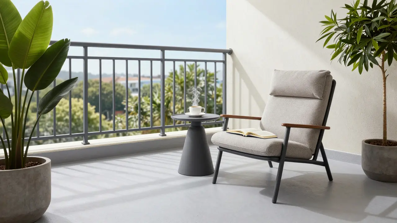Slunný balkon s relaxační zónou a kávou na stolku