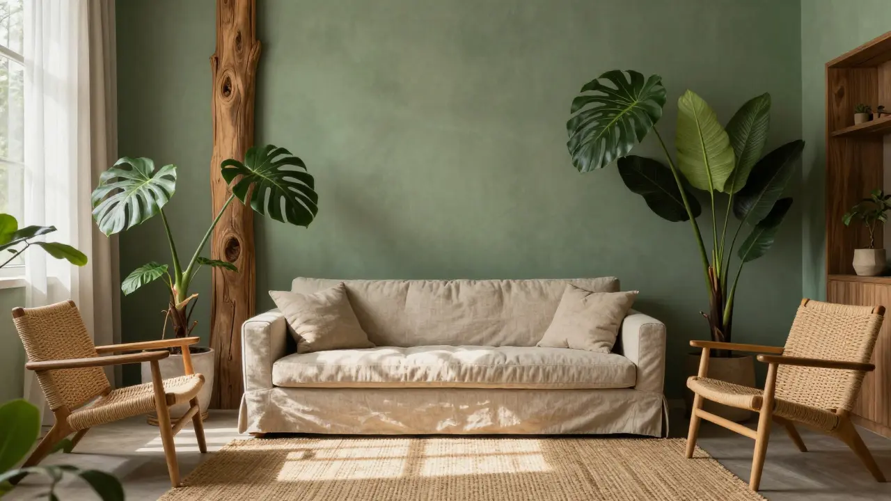 Biophilický interiér s lesně zelenou stěnou, dřevem a rostlinami pro relaxaci