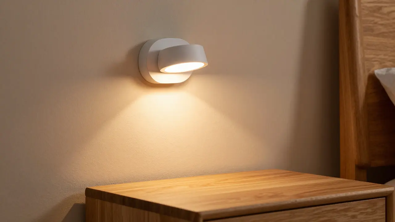 Detail nástěnné LED lampy hřejivého světla nad dřevěným nočním stolkem