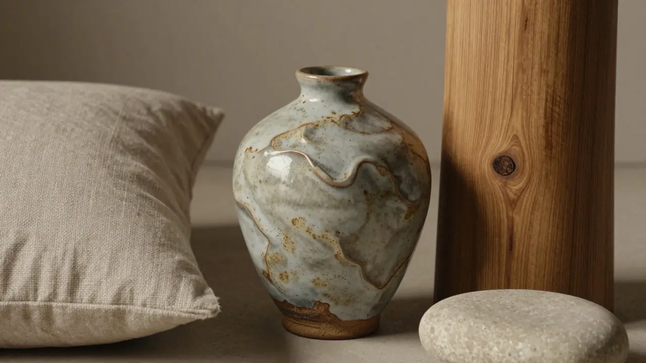 Detail přírodních materiálů: keramika, dřevo a lněná textilie