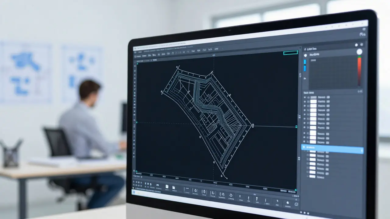 Detailní vektorová mapa parcely v CAD programu na obrazovce monitoru