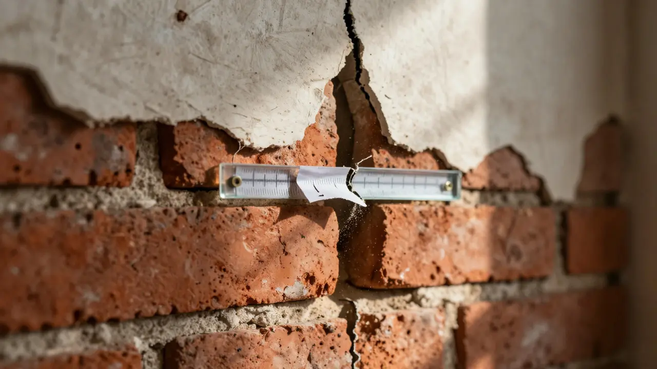 Detailní záběr na aktivní prasklinu ve zdivu s přerušeným kontrolním plíškem ukazujícím pohyb konstrukce.