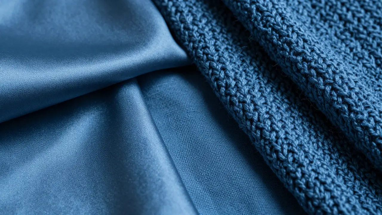 Detailní záběr na různé textury látek v odstínech modré barvy pro ukázku hloubky materiálu.