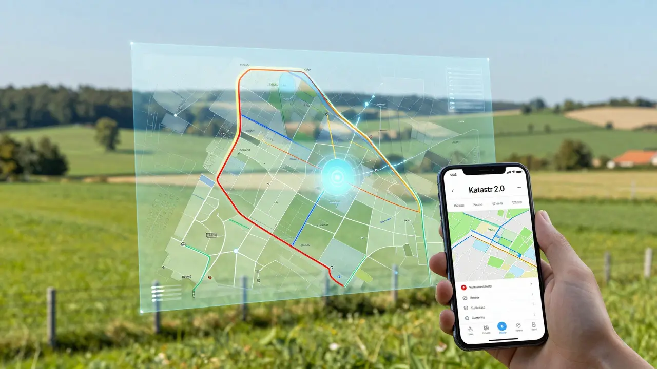Holografická projekce katastrálních hranic nad venkovskou krajinou s mobilním telefonem