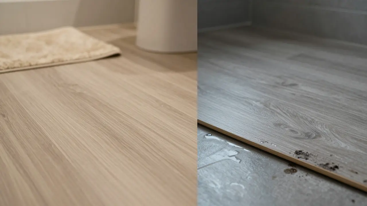 Kontrast mezi teplým vinylovým povrchem a poškozeným laminátem od vody