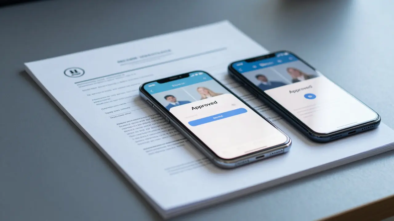 Připravené dokumenty pro žádost o hypotéku a chytrý telefon s aplikací
