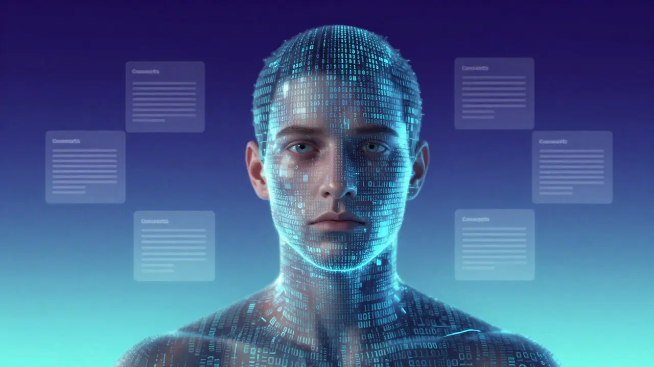 Abstraktní ilustrace lidské tváře tvořené digitálními daty a souhlasy