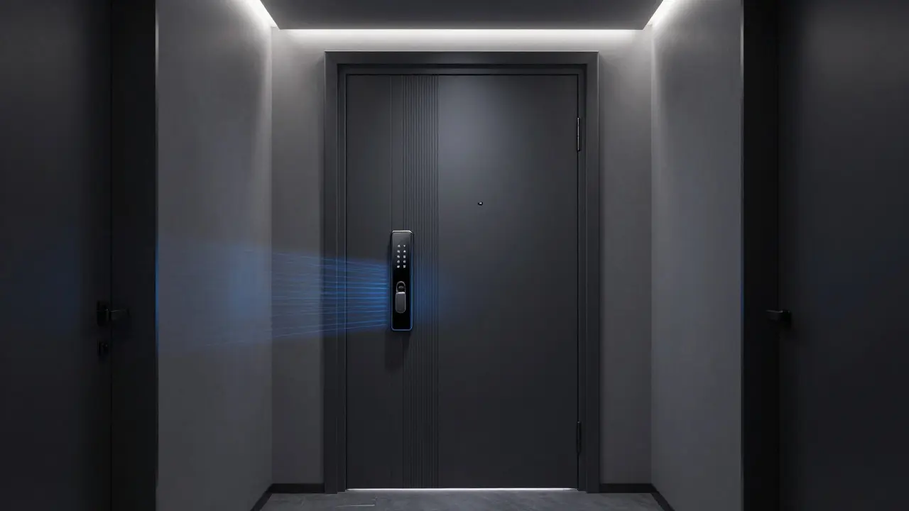 Chytré vstupní dveře s elektronickým kódovým zámkem v moderním chodbě