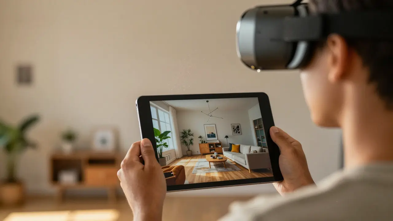 Člověk v VR brýlích si prohlíží virtuálně zařízený byt