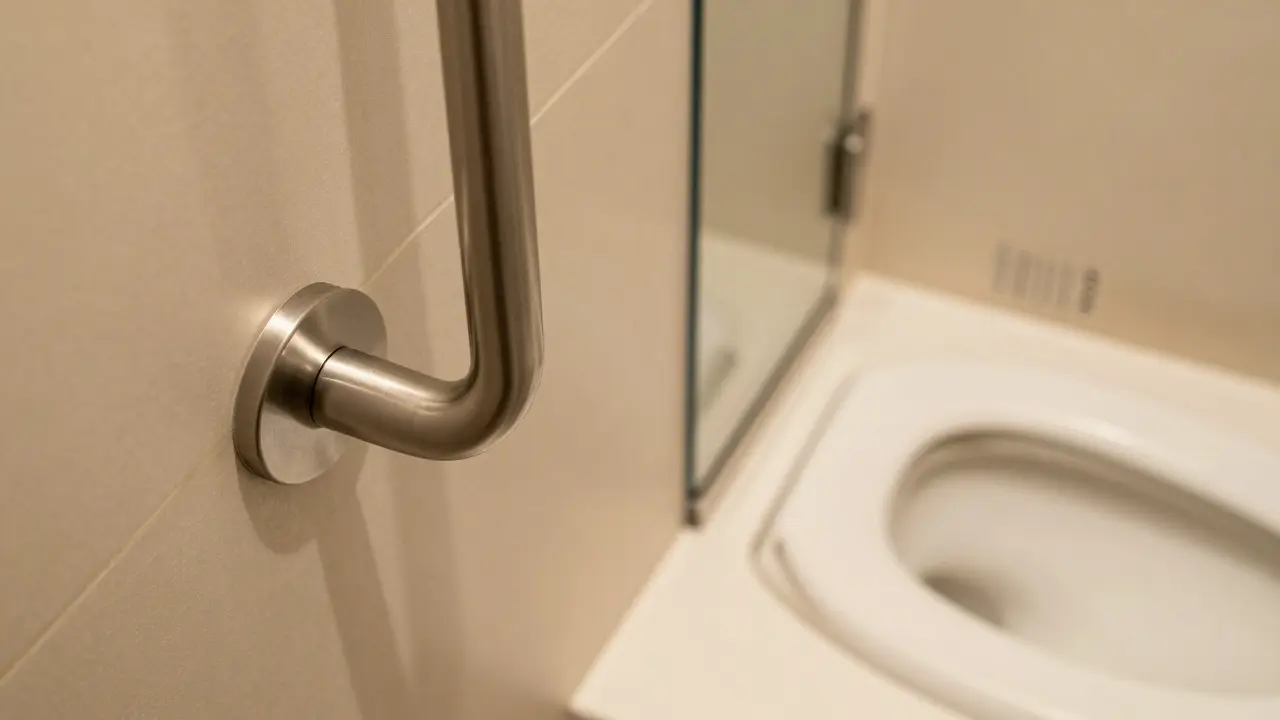 Detail ergonomického madla vedle toalety v přístupné koupelně