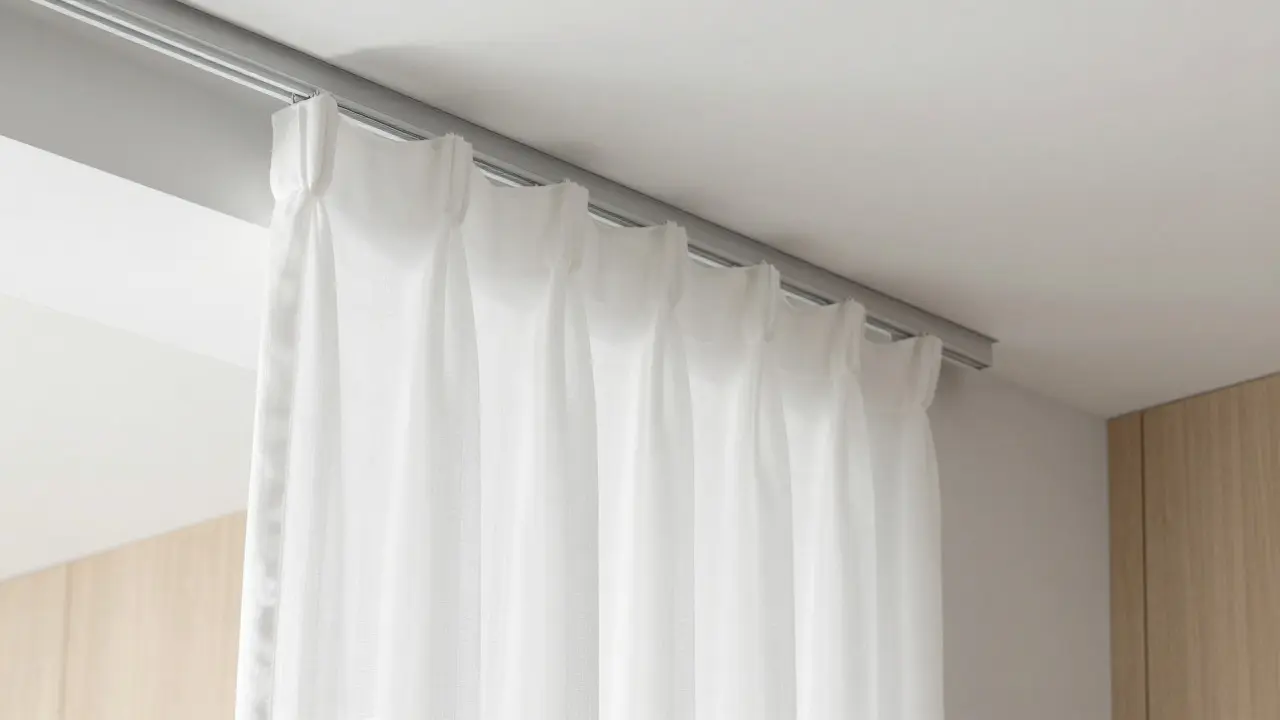Detail instalace skryté kolejnice u stropu pro nepřerušenou vertikální linii