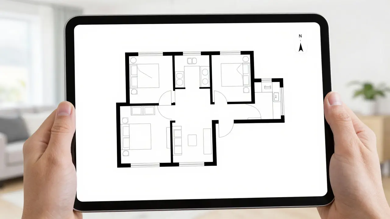 Digitální 2D půdorys bytu s nábytkem zobrazený na tabletu