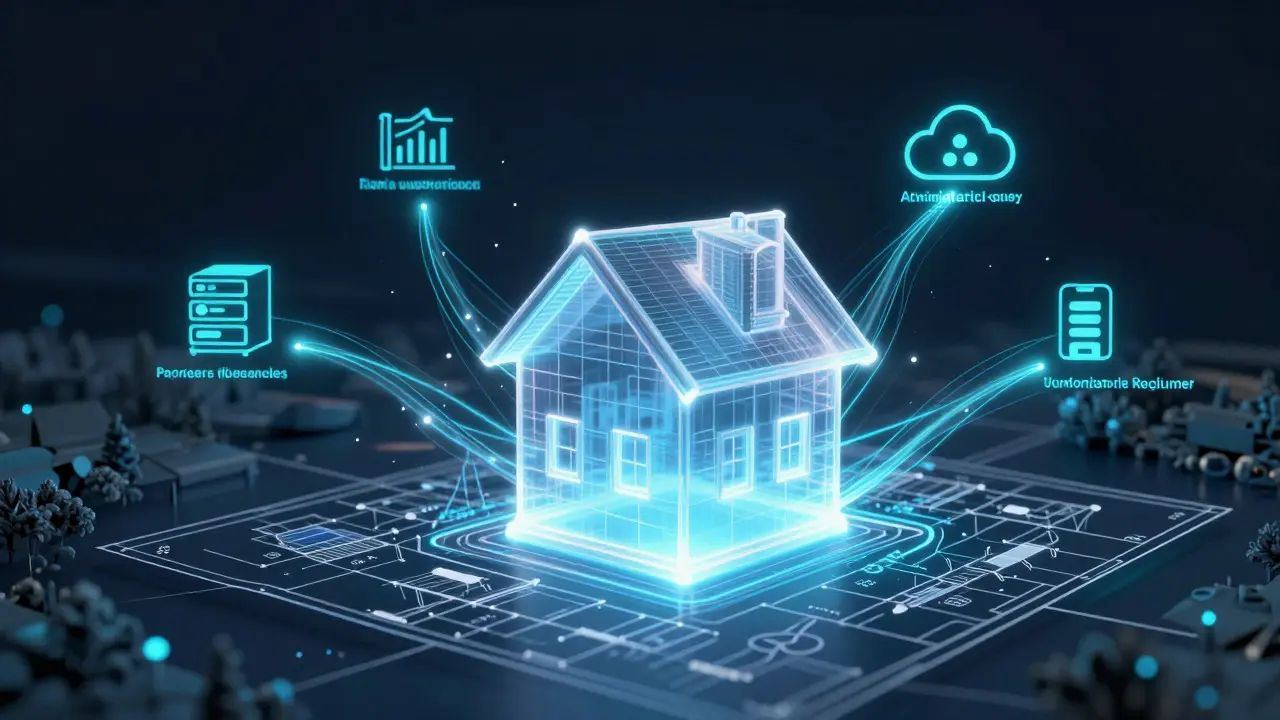 Digitální ilustrace propojení domovního plánu s datovou sítí symbolizující elektronické podání.
