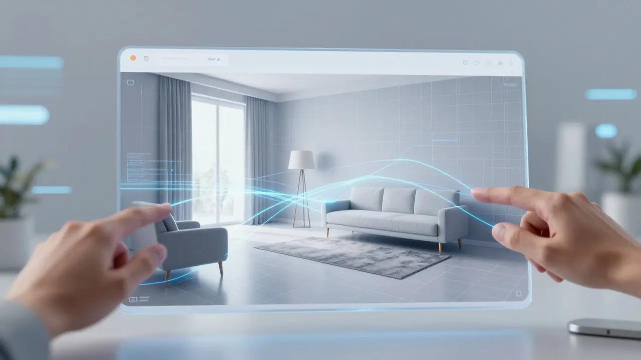 Digitální vizualizace AI generující nábytek do prázdného prostoru