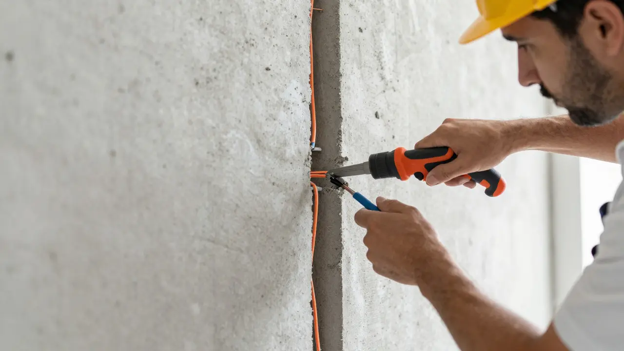 Elektrikář drážkuje stěnu pro nové měděné kabely během rekonstrukce