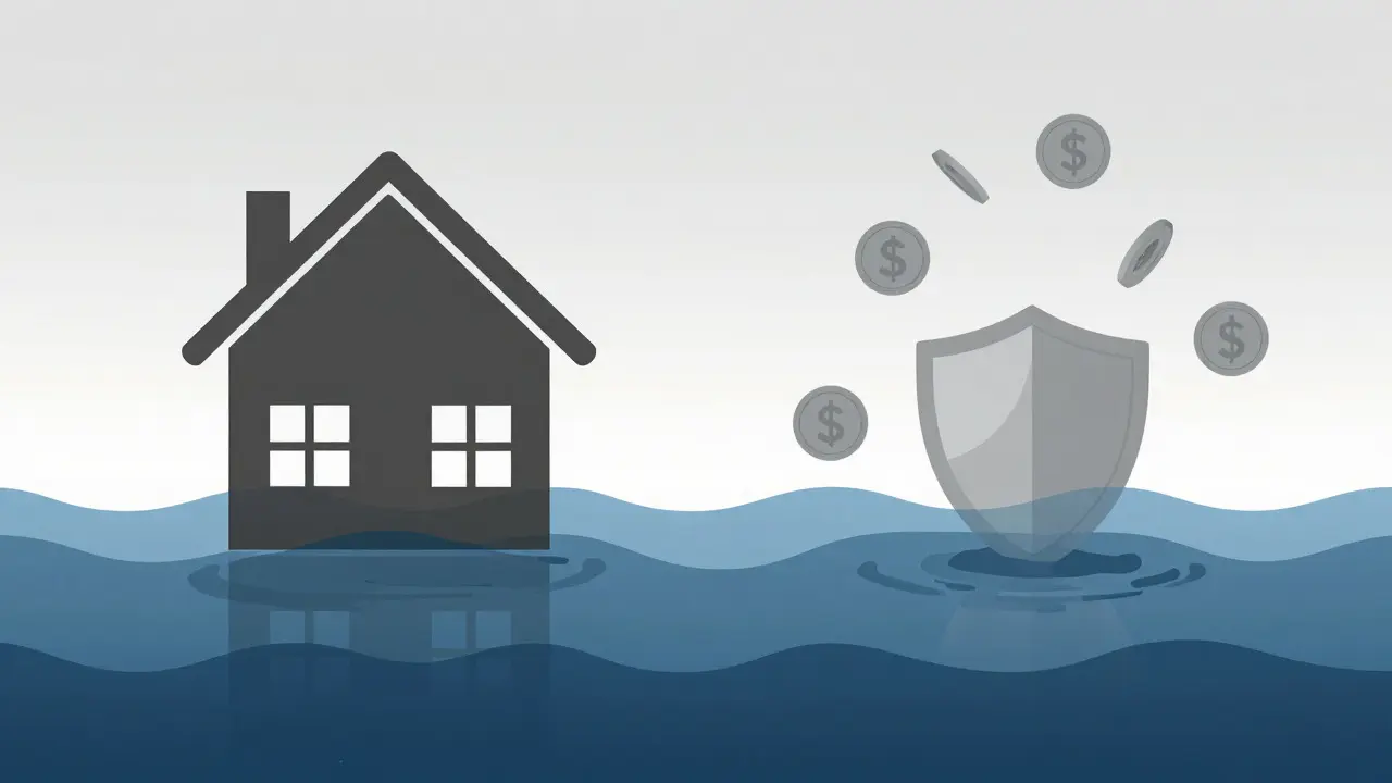 Illustration of a house protected by shields against abstract flood waters