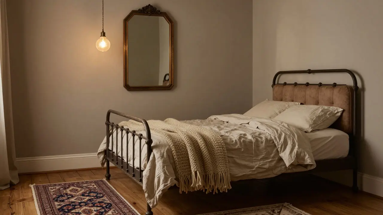 Ložnice s vlněnými dekami a zrcadlem ve stylu art deco