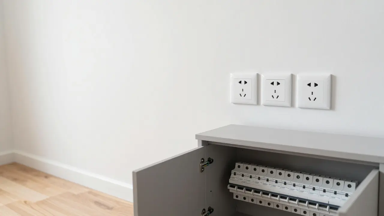 Moderní interiérové zásuvky a nový bezpečný rozvaděč po dokončení instalace