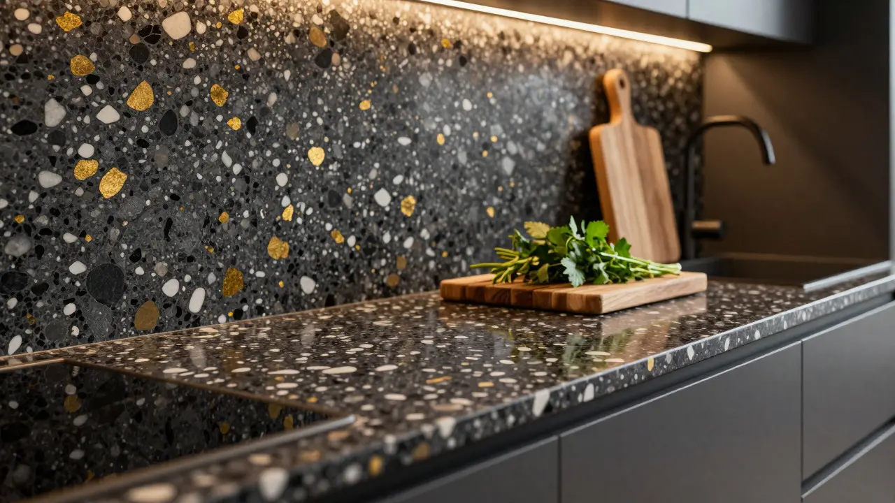 Moderní kuchyňská linka z tmavého terraza s kontrastními kamínky