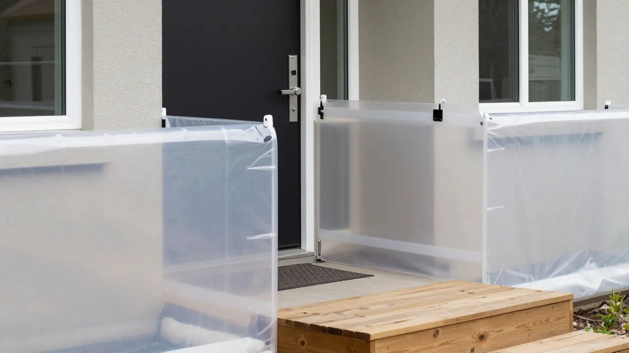 Plastic flood barriers and raised steps installed on a home entrance