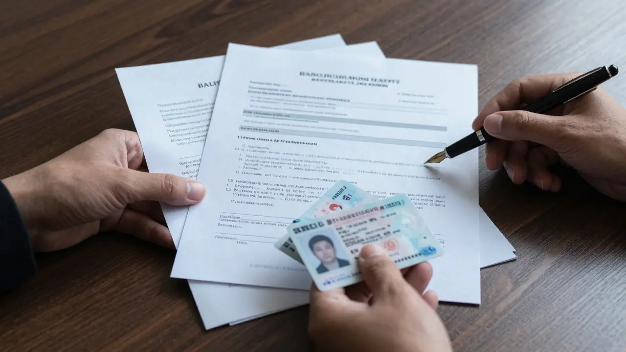 Ruce drží finanční dokumenty a doklady totožnosti na stole