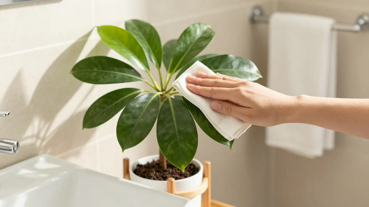Ruční čištění listů rostliny Zamioculcas v čistém interiéru