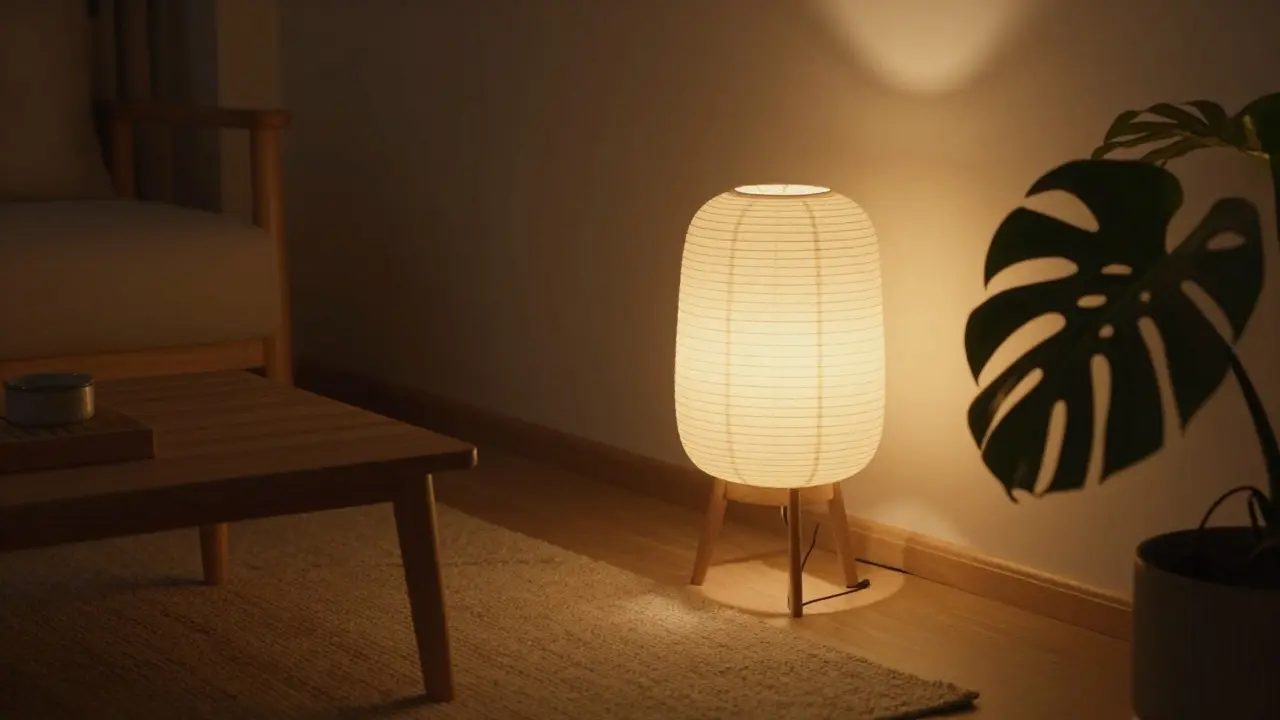 Teplé světlo z papírové lampy vytváří intimní atmosféru večerního pokoje
