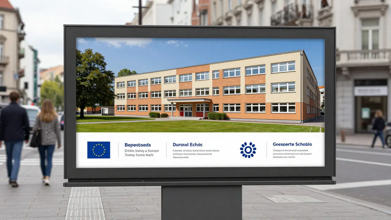 Velký venkovní billboard s fotografií školy a logy evropského financování