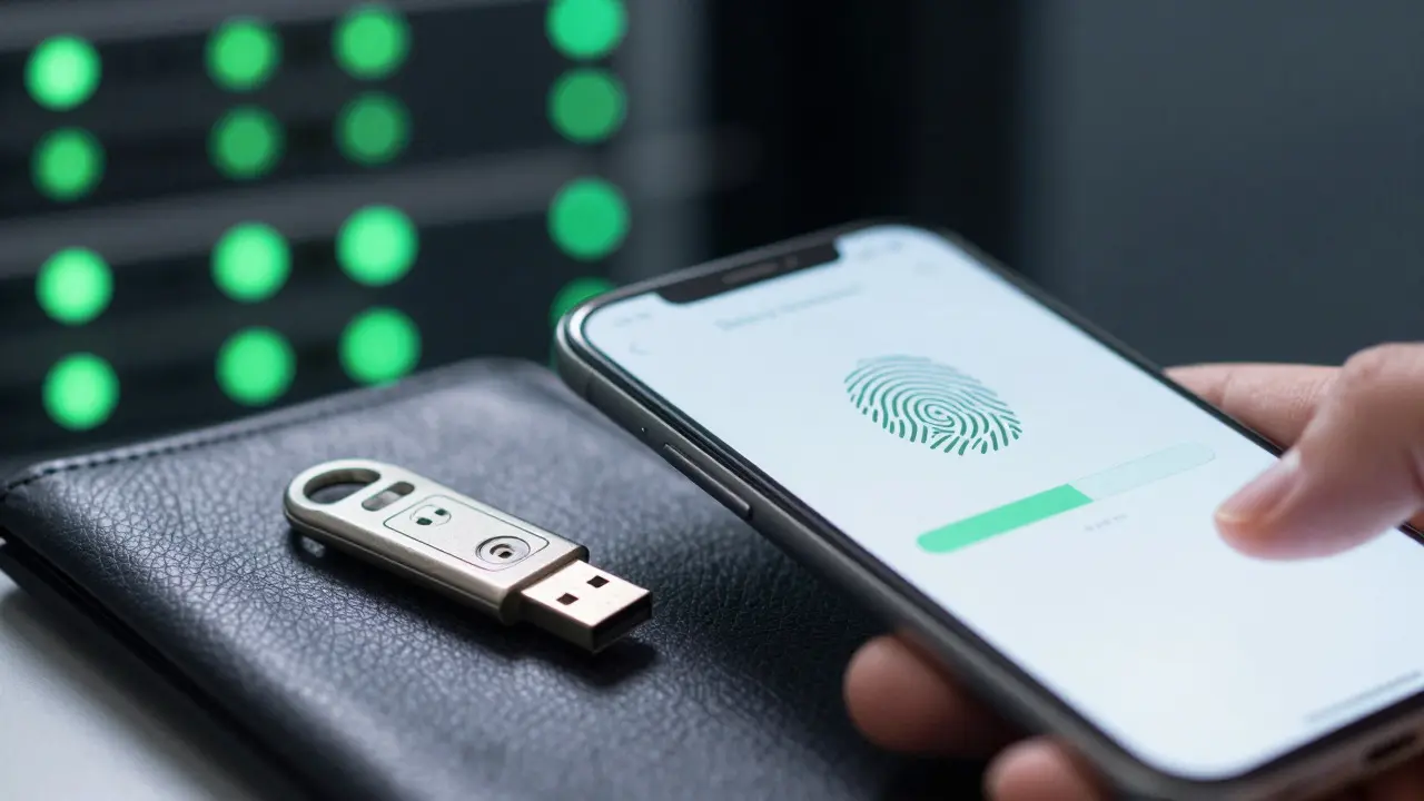 Zblízka: telefon s biometrickým ověřením a USB klíč na stole