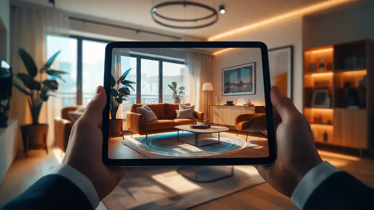Agent prohlížející si na tabletu virtuální zařízení prázdného interiéru pomocí rozšířené reality.